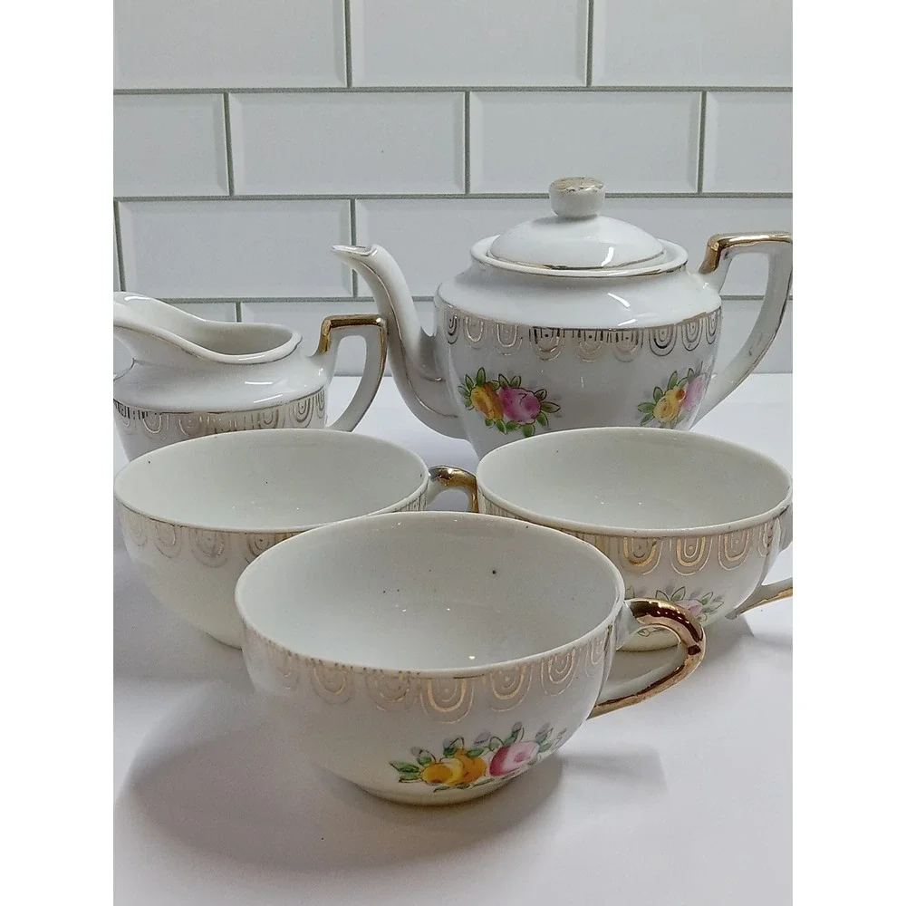 Vintage Japanese Porcelain Floral Tea Set Teapot Creamer 3 Cups Gold Trim White